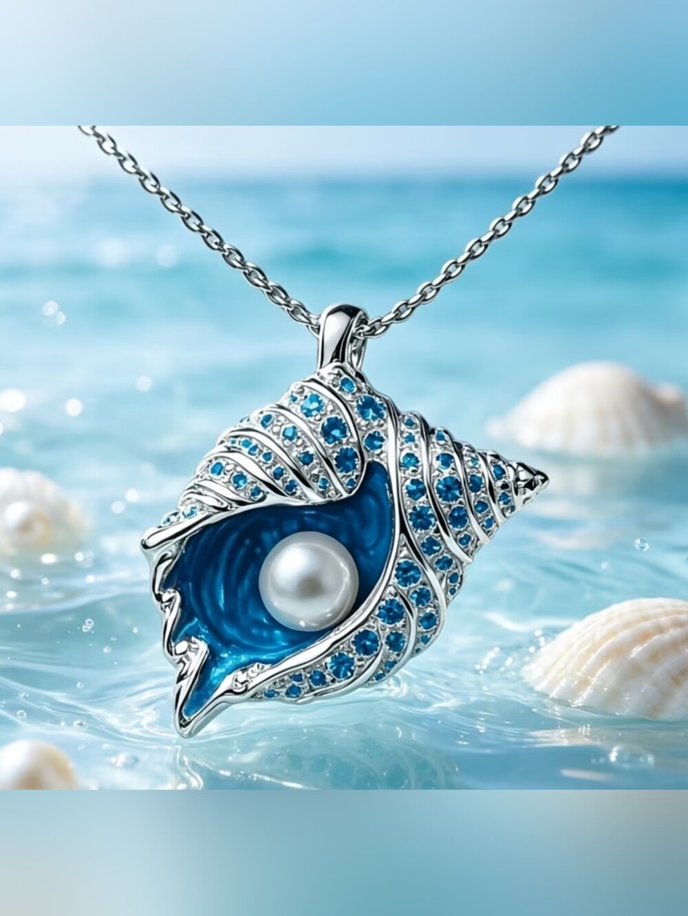 Blue Conch shell pendant necklace w/pearl, 20"  Stainless Steel